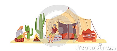 Desert camp with tent and camel, flat vector illustration isolated on white. Vector Illustration