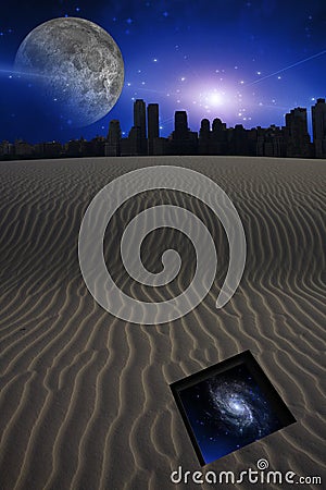 Desert with city and opening to stars Stock Photo