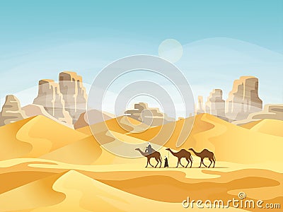 Desert with convoy or camel caravan Vector Illustration