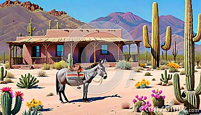 Desert country sod house donkey burro transportation Cartoon Illustration