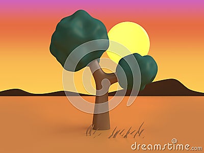 the desert 3d low poly tree sunset nature orange scene cartoon style 3d render Stock Photo