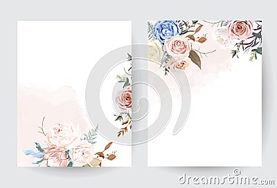 Desert dusty brown and yellow rose, beige peony, pastel pink protea, blue ranunculus Vector Illustration