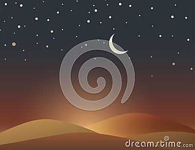 Desert evening scene with crescent and stars Vector Illustration