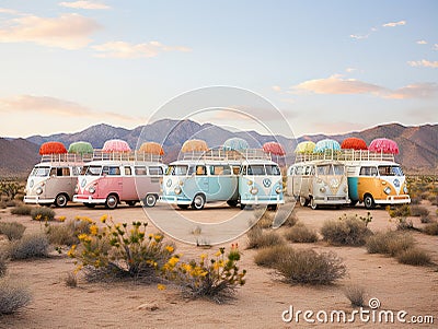 Desert Expedition: Vintage Hippie Vans in Dreamy Pastel Hues Stock Photo