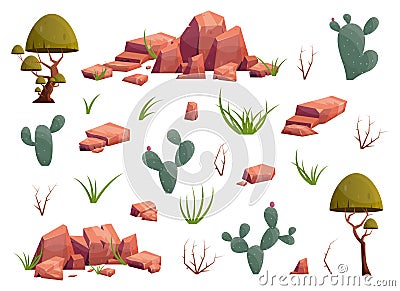 Desert flora collection with mountain rocks, plants, cactuses, trees, bushes and grass. Stock Photo