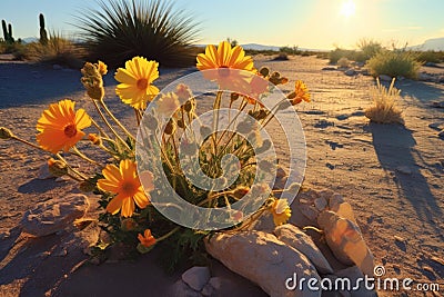 desert flowers casting long shadows at dawn Stock Photo