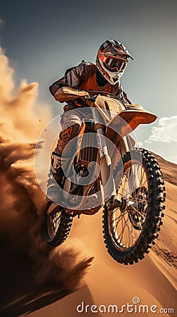 Desert freestyle Extreme motocross, daring jumps on sandy terrains prevail Stock Photo