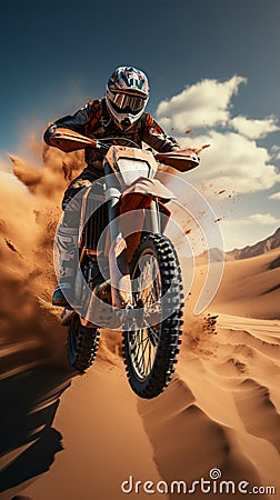 Desert freestyle Extreme motocross, daring jumps on sandy terrains prevail Stock Photo