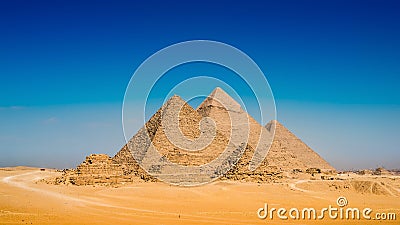 Desert with the great pyramids of Giza Stock Photo