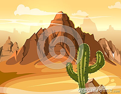 Desert hills, cactus near big mountain. Vector yellow background illustration Vector Illustration