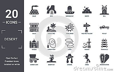 desert icon set. include creative elements as snake, mill, wild west saloon, lasso, desert hat, mosque filled icons can be used Vector Illustration