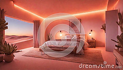 A desert-inspired bedroom with neon lights resembling a sunset over the Stock Photo