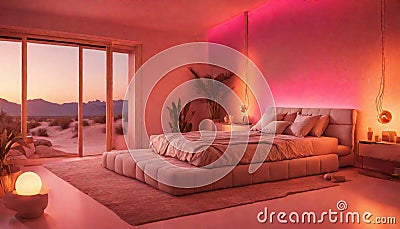 A desert-inspired bedroom with neon lights resembling a sunset over the Stock Photo