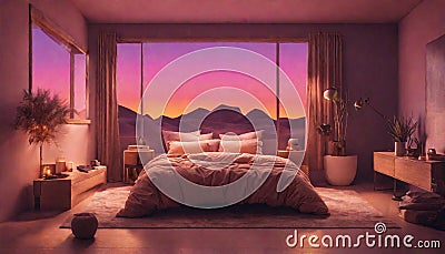 A desert-inspired bedroom with neon lights resembling a sunset over the Stock Photo