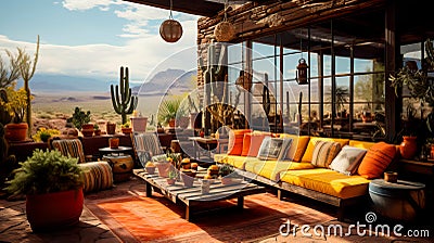 desert inspired outdoor lounge, featuring earthy tones, cacti arrangements, and rustic wooden furniture. Generative AI Stock Photo