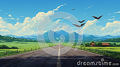 Anime-inspired Road With Trees, Mountains, And Flying Bats Stock Photo