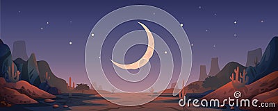 Desert landscape background. Night Panoramic landscape with desert mountains and half-moon. Vector illustration in flat Vector Illustration