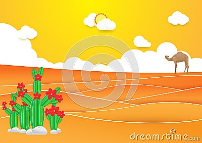 Desert landscape. Cactus and camel in desert with Sunset Vector Illustration