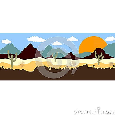 Desert landscape with cactus, hills and mountains silhouettes, tumbleweed vector nature horizontal background Vector Illustration