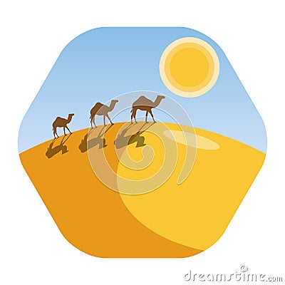 Desert landscape with camel caravan Stock Photo
