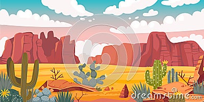 Desert landscape. Cartoon sand horizon with rocks, cactus and sandy valley. Vector wild desolated background Vector Illustration
