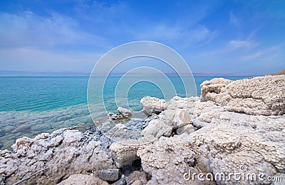 Desert landscape of Dead Sea coastline with white salt, Jordan, Israel. Stock Photo