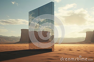 Desert landscape with mirror portal. Travel to fantasy world Stock Photo