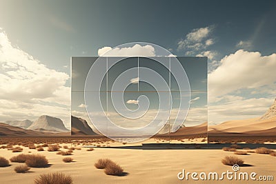 Desert landscape with mirror portal. Travel to fantasy world Stock Photo