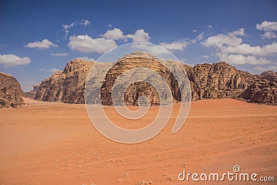 Desert landscape picturesque Middle East scenic view rocky sand stone mountain huge valley foreshortening from above Stock Photo