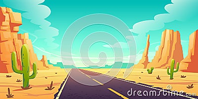 Desert landscape with road, cactuses and rocks Vector Illustration