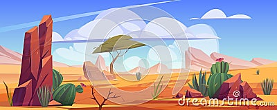 Desert landscape with rocks, tree and cactuses Vector Illustration