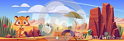 Desert landscape with scared tiger and trash Vector Illustration