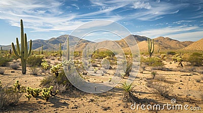 A desert landscape stretches as far as the eye can see with sand dunes and cacti dotting the parched terrain. In the Stock Photo