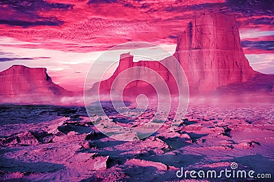 Desert landscape in ultraviolet and pink tones. Beautiful sunset in the desert of Iran. Alien planet concept. Stock Photo