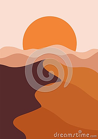 Desert landscape in a vertical format, warm beige colors. Vector Illustration