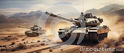 Desert Manoeuvre: Main Battle Tanks in Strategic Operation. Generative ai Cartoon Illustration