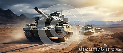 Desert Manoeuvre: Main Battle Tanks in Strategic Operation. Generative ai Cartoon Illustration