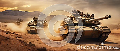 Desert Manoeuvre: Main Battle Tanks in Strategic Operation. Generative ai Cartoon Illustration