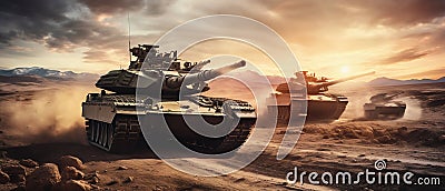 Desert Manoeuvre: Main Battle Tanks in Strategic Operation. Generative ai Cartoon Illustration