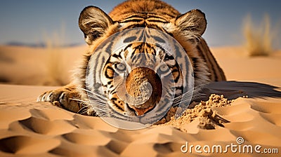 Desert Mirage: Camouflaged Tiger in Sandy Landscape Stock Photo