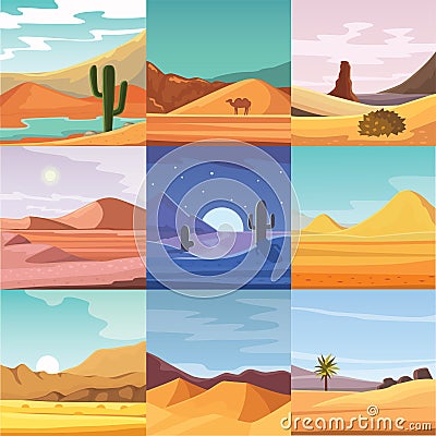 Desert mountains sandstone wilderness landscape background dry under sun hot dune scenery travel vector illustration. Vector Illustration