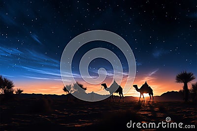 Desert mystique Camels in silhouette against a starlit evening sky Stock Photo