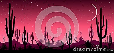 Desert at night cacti silhouettes stars moon Vector Illustration