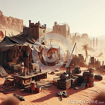 Desert outpost in a harsh, unforgiving environment, with makeshift buildings and scavenged technology Stock Photo