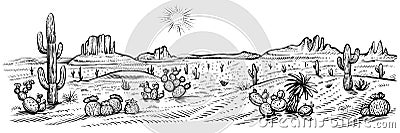 Desert panorama landscape, vector illustration. Arizona line sketch with cactuses and rocks. Vector Illustration