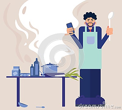 Confused man using a cooking application Vector Illustration