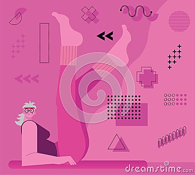 Vector illustration of a trendy flat mature female character laying on the yoga mat doing legs up the wall exercise. Vector Illustration