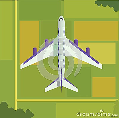 jet airplane flying above green farmlands, top view Vector Illustration