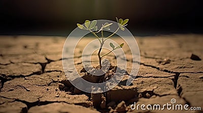 Desert plant thrives on parched, fractured terrain, sweltering day, impacted by climate shift. Generative AI Stock Photo