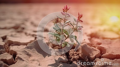 Desert plant thrives on parched, fractured terrain, sweltering day, impacted by climate shift. Generative AI Stock Photo